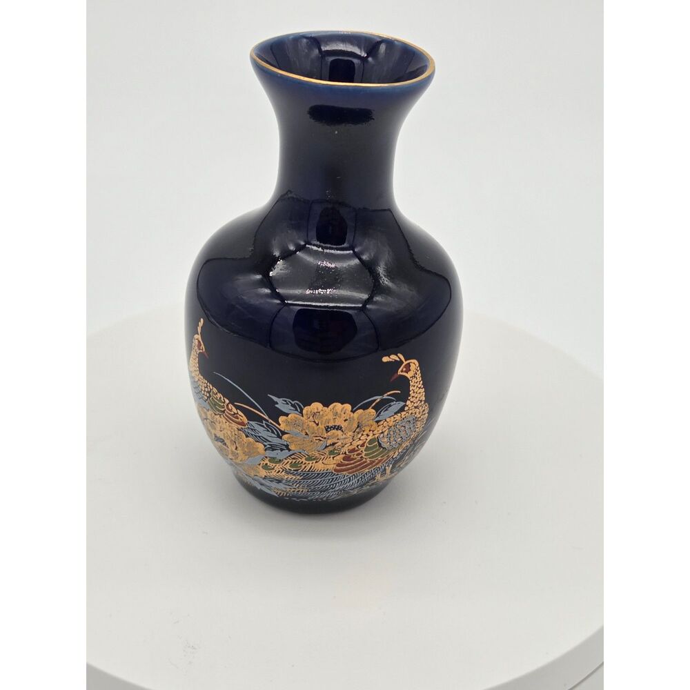 Vintage Japanese Cobalt Blue Porcelain Bud Vase Peacock Gold Gilt 3.5 Inch